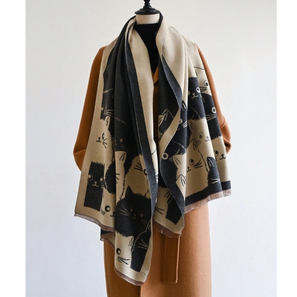 Cat Print Pattern Grey Beige Shawl Wide Scarf - Picture 2 of 4